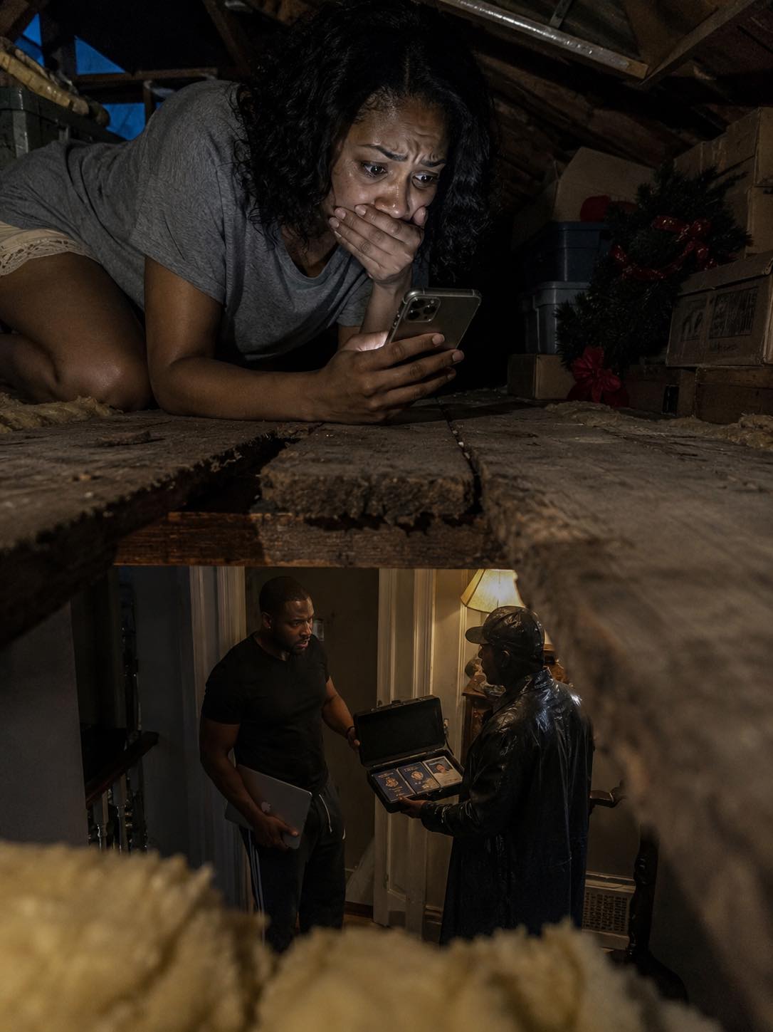 My sister called me at midnight and whispered, “Turn off every light. Go to the attic. Don’t tell your husband.” I thought she was losing her mind — until I looked through the floorboards….