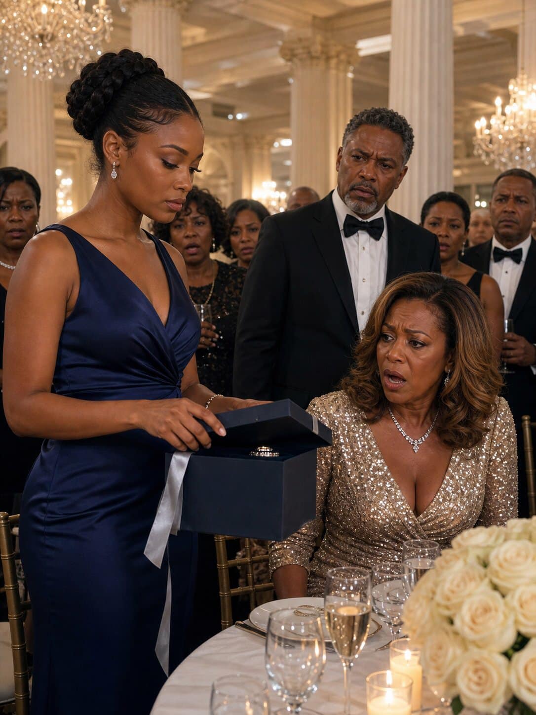 MY MOTHER LAUGHED WHEN I WALKED INTO HER 15TH ANNIVERSARY PARTY WITH A SMALL NAVY GIFT BOX, CALLED ME A FREELOADER IN FRONT OF FIFTY GUESTS, AND LET MY STEPFATHER SHOVE THE PRESENT BACK INTO MY CHEST LIKE I WAS STILL THE GIRL THEY THREW AWAY YEARS AGO—BUT THE SECOND I SET THAT BOX ON THE TABLE, UNTIED THE SILVER RIBBON, AND CALMLY ASKED EVERYONE IN THE BALLROOM TO LOOK INSIDE BEFORE THEY KEPT JUDGING ME, THE SMILES AROUND THE ROOM STARTED TO DIE, THE WHISPERS TURNED INTO STUNNED SILENCE, AND THE WOMAN WHO SPENT YEARS TELLING EVERYONE I WAS NOTHING REALIZED SHE HAD JUST REJECTED THE ONE GIFT THAT COULD HAVE CHANGED HER LIFE FOREVER