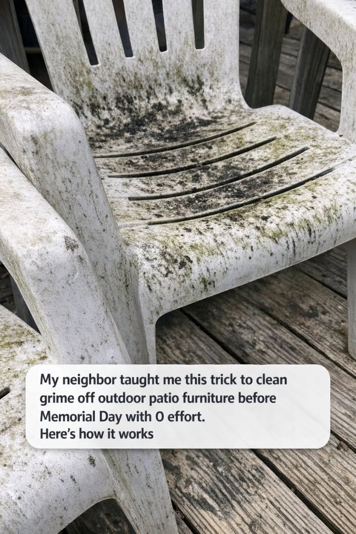 My neighbor taught me this trick to clean grime off outdoor patio furniture before Memorial Day with 0 effort. Here’s how it works